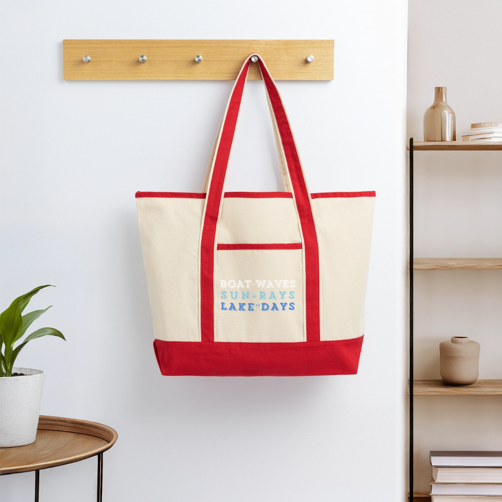 Boat Waves, Sun Rays, Lake Days Heavy Canvas Tote - Natural/Classic Red
