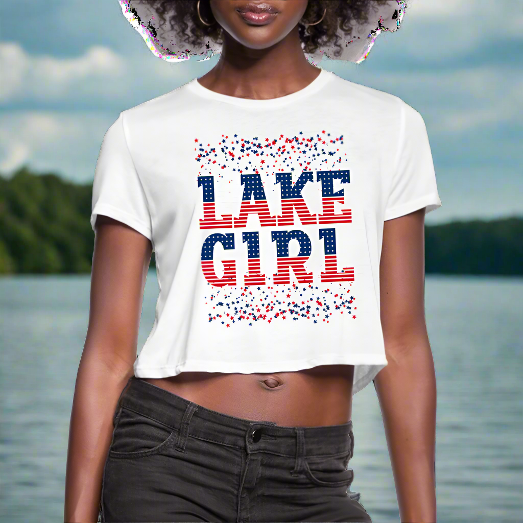 Lake Girl – Women’s Patriotic Crop Tee - white on model with lake scenic background