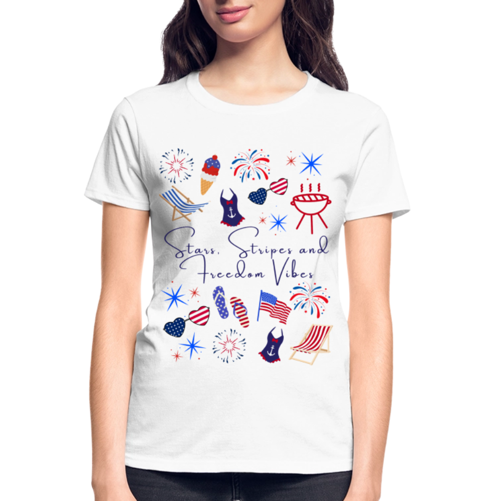 Stars, Stripes & Freedom Vibes – Women’s Patriotic Tee - white