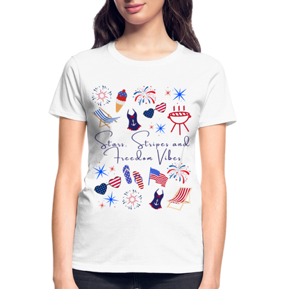 Stars, Stripes & Freedom Vibes – Women’s Patriotic Tee - white