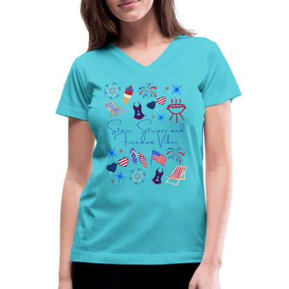 Stars, Stripes & Freedom Vibes – Women’s Patriotic Tee - aqua