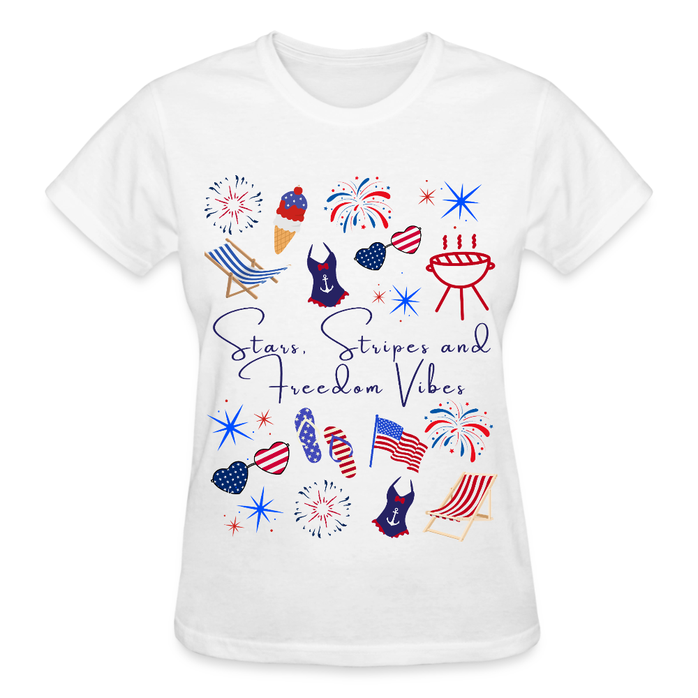 Stars, Stripes & Freedom Vibes – Women’s Patriotic Tee - white