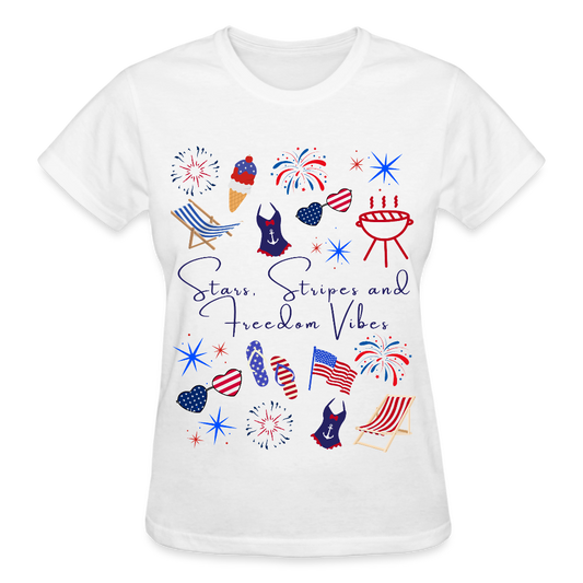 Stars, Stripes & Freedom Vibes – Women’s Patriotic Tee - white