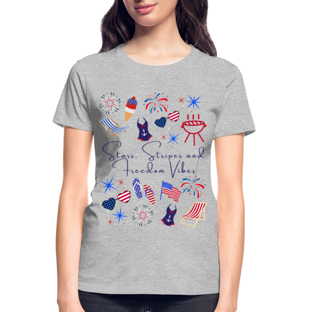 Stars, Stripes & Freedom Vibes – Women’s Patriotic Tee - heather gray