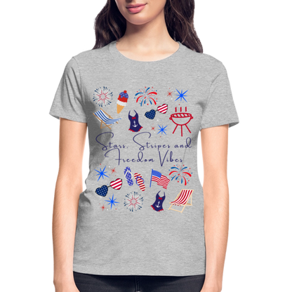 Stars, Stripes & Freedom Vibes – Women’s Patriotic Tee - heather gray