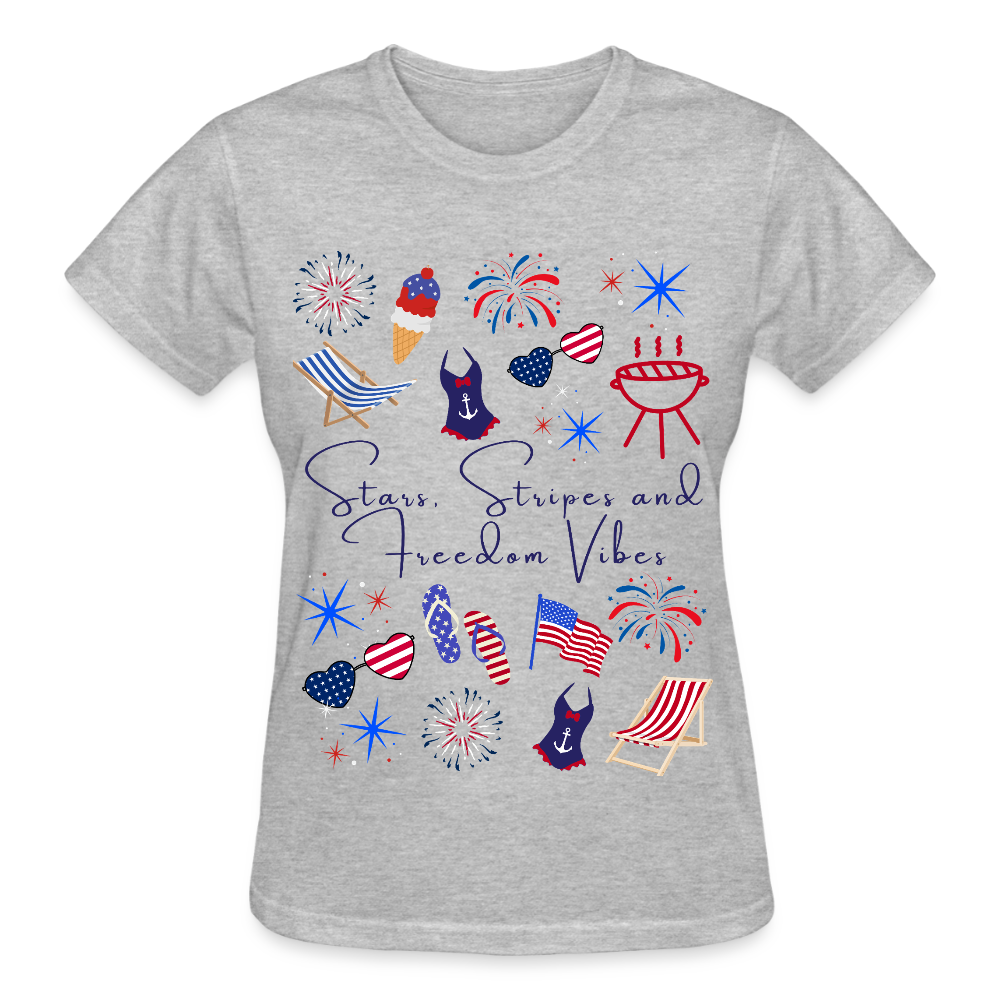 Stars, Stripes & Freedom Vibes – Women’s Patriotic Tee - heather gray