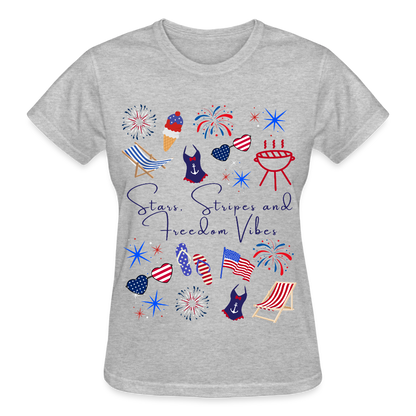 Stars, Stripes & Freedom Vibes – Women’s Patriotic Tee - heather gray