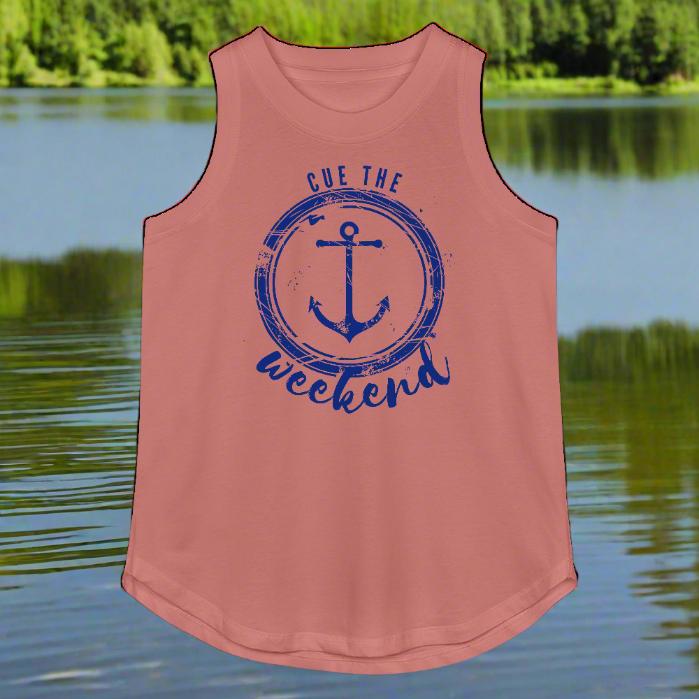 Pink tank top with blue anchor graphic and 'Cue the weekend' text on a lake background