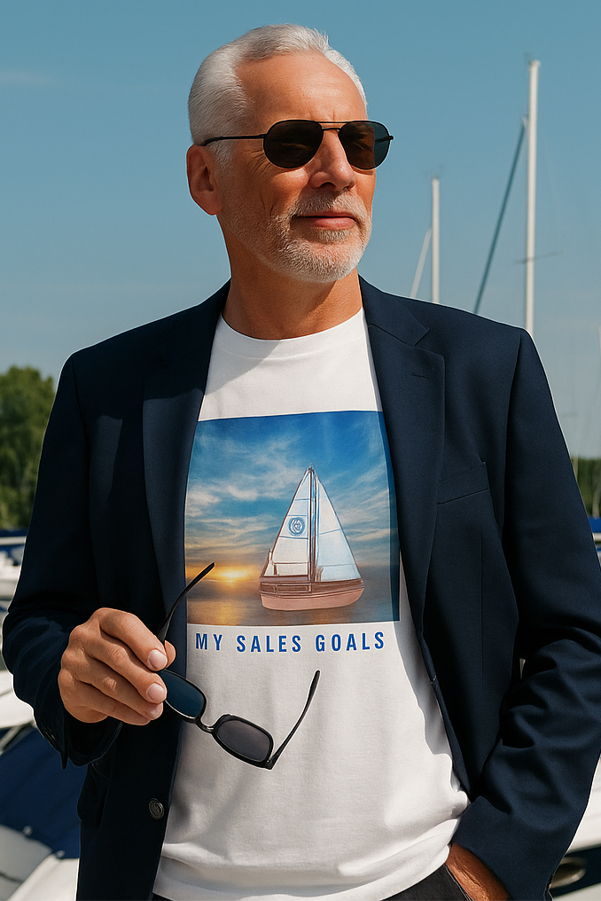 Man wearing a sales goals sailing t-shirt with a sailboat graphic, standing in front of boats at a marina.