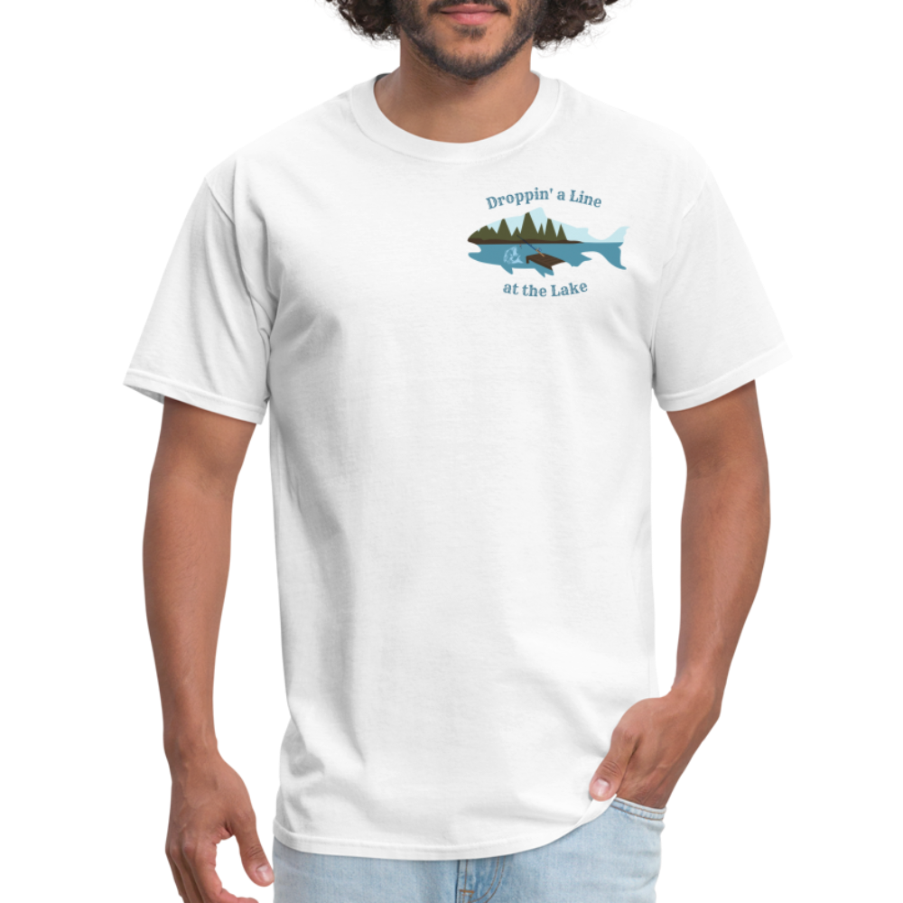 Droppin' a Line at the Lake Men's Lake Tee, Men's Fishing Shirt - white