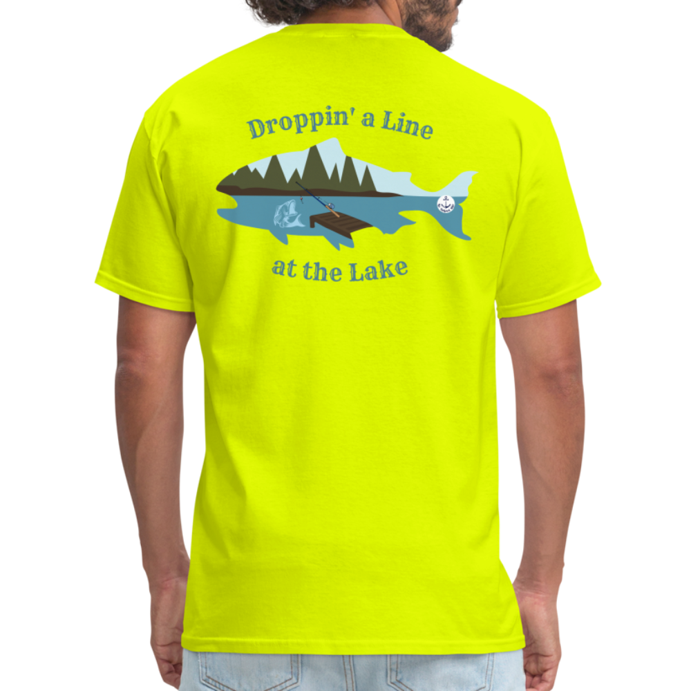 Droppin' a Line at the Lake Men's Lake Tee, Men's Fishing Shirt - safety green